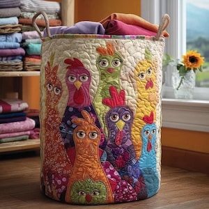Whimsical Chicken Quilted Laundry Basket, Colorful Farmhouse Storage Bin Hamper