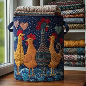 Navy Quilted Chicken Laundry Basket, Folk Art Fabric Storage Hamper, Farmhouse Decor Bin