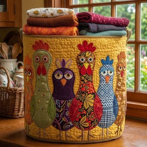 Quilted Chicken Laundry Basket, Whimsical Farmhouse Storage Bin, Colorful Fabric Hamper