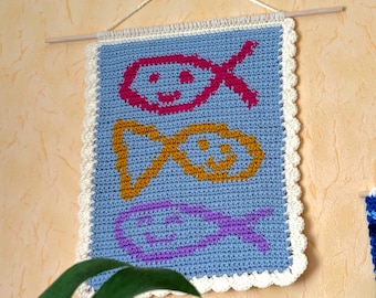 Happy Fishies Crochet Tapestry Pattern PDF Easy Wall Hanging Summer Fish Zodiac Sign Graphgan