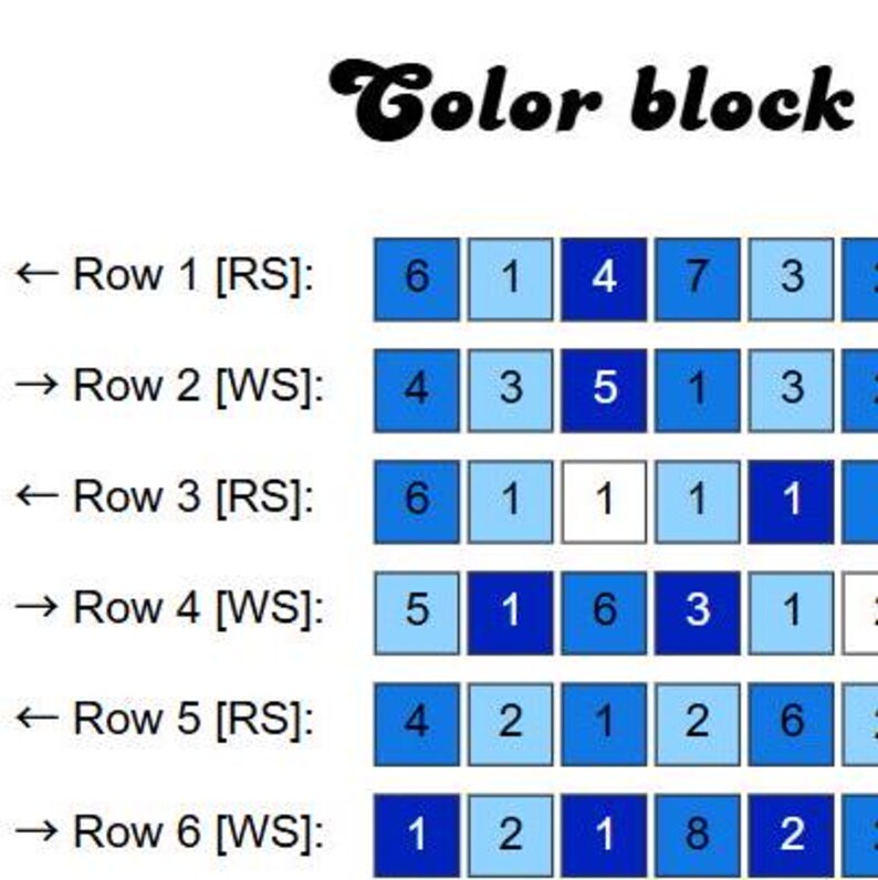 May include: A colour block puzzle with six rows of blue, light blue, and white squares. Each square contains a number. The text "Color block" is at the top of the image. The text "Row 1 [RS]:" is to the left of the first row of squares. The text "Row 2 [WS]:" is to the left of the second row of squares. The text "Row 3 [RS]:" is to the left of the third row of squares. The text "Row 4 [WS]:" is to the left of the fourth row of squares. The text "Row 5 [RS]:" is to the left of the fifth row of squares. The text "Row 6 [WS]:" is to the left of the sixth row of squares.