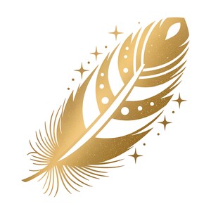May include: A gold-coloured feather illustration with a textured, glittery finish. The feather has decorative dots and star accents, set against a white background. The design is a stylized, elegant representation.