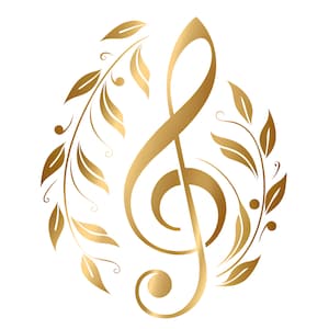 May include: A gold treble clef, a musical symbol, surrounded by gold-coloured leaves and vines on a white background. The design is decorative, with the foliage framing the clef in an elegant style.