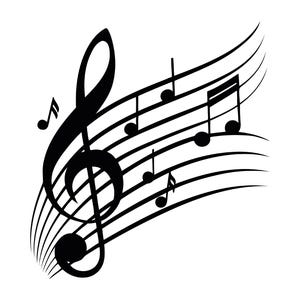 Puede incluir: Ilustración en blanco y negro de notas musicales y una clave de sol. Las notas musicales están sobre líneas de pentagrama curvas, creando una representación visual dinámica de la música. El diseño es simple pero elegante.