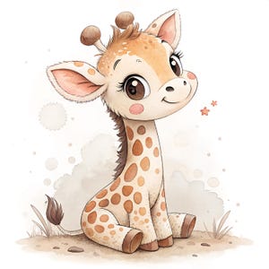 May include: Watercolor illustration of a cute giraffe. The giraffe is sitting with its legs folded, featuring a light tan body with brown spots. It has large brown eyes, pink cheeks, and small brown horns. The background is a soft, neutral color.