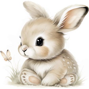 May include: A digital illustration of a fluffy, light brown bunny with large, dark eyes and a small pink nose. The bunny is sitting on the grass and looking at a butterfly. The bunny has a few spots on its body.