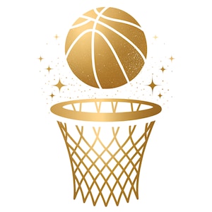 Könnte beinhalten: Goldfarbene Illustration eines Basketballs, der in einen Korb geworfen wird. Der Ball hat schwarze Linien und befindet sich über einem goldfarbenen Netz. Goldene Sterne und Glitzer im Hintergrund.