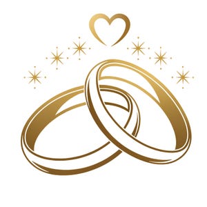 Puede incluir: Dos anillos de boda dorados entrelazados, simbolizando la unión, con un corazón dorado y estrellas arriba. El diseño, sobre un fondo blanco, es clásico y elegante, ideal para invitaciones de boda y anuncios.