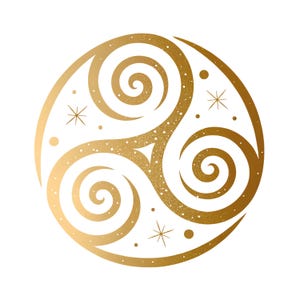 Può includere: Un design Triskele celtico color oro, un simbolo di interconnessione, all'interno di un cerchio. Il design presenta tre bracci a spirale, con piccoli accenti di stelle e punti. L'opera d'arte ha una consistenza glitterata ed è su sfondo bianco.