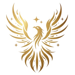 Peut inclure: Illustration d'un phénix doré aux ailes déployées et au design détaillé. L'oiseau est entouré d'étoiles et d'éléments décoratifs, le tout sur fond blanc. L'œuvre a un aspect texturé et métallique.