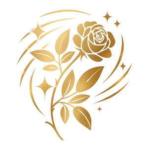 Puede incluir: Ilustración de una rosa dorada con tallo y hojas, rodeada de líneas arremolinadas y estrellas. El diseño está sobre un fondo blanco, creando un contraste llamativo. La rosa está detallada con sombreado texturizado.