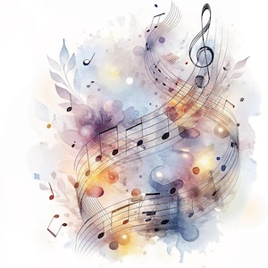 Peut inclure: Illustration à l'aquarelle de notes de musique et d'une clé de sol sur une portée. La conception présente un arrangement fluide d'éléments musicaux sur un fond de lavis d'aquarelle doux et mélangés dans des tons de violet, de bleu et d'or.
