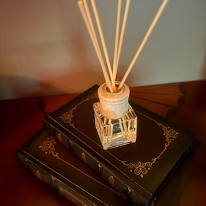 May include: A clear glass reed diffuser bottle with a light-colored wooden cap and several thin wooden reeds inserted into the top. The diffuser sits on top of two stacked black books that feature gold-colored decorative filigree patterns.