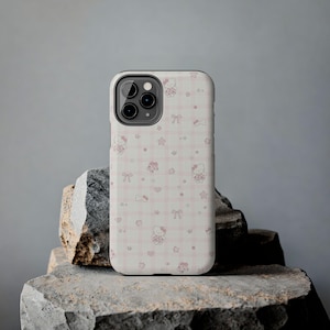 Kawaii Pink Check Hello Kitty Pattern Phone Case | Tough Phone Case image 1