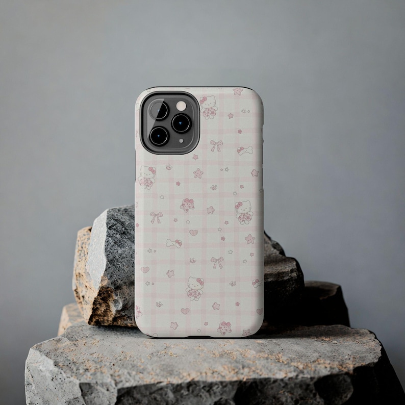 Kawaii Pink Check Hello Kitty Pattern Phone Case | Tough Phone Case image 1