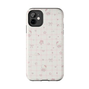 Kawaii Pink Check Hello Kitty Pattern Phone Case | Tough Phone Case image 3