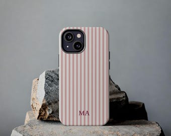 Pink Stripe Monogram Phone Case | Vertical Stripes, Raspberry Initials, Glossy Finish