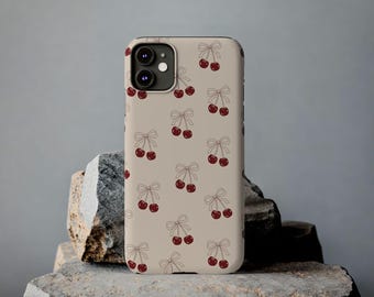 Cherry Pattern Slim Phone Case | Retro Bow Cherries on Beige