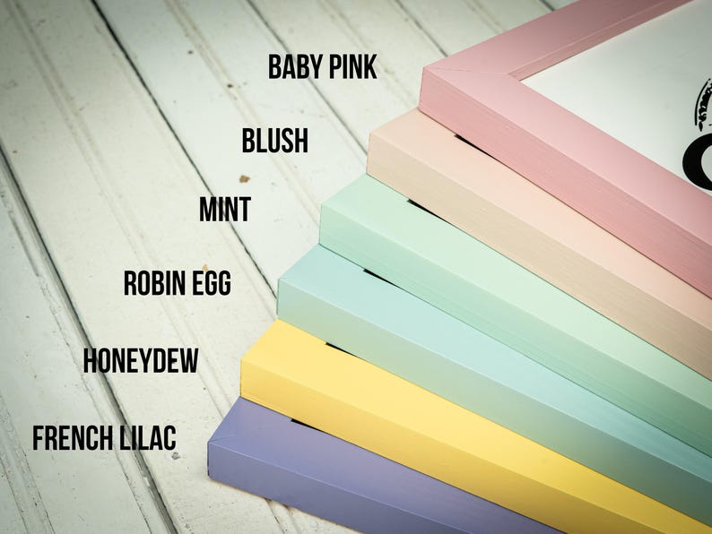 May include: A stack of colorful picture frames in shades of baby pink, blush, mint, robin egg, honeydew, and french lilac. The frame colors are labeled with their names in black text. The frames are angled on a white wooden surface.