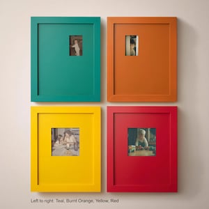 four colorful picture frames, each containing a different photograph.