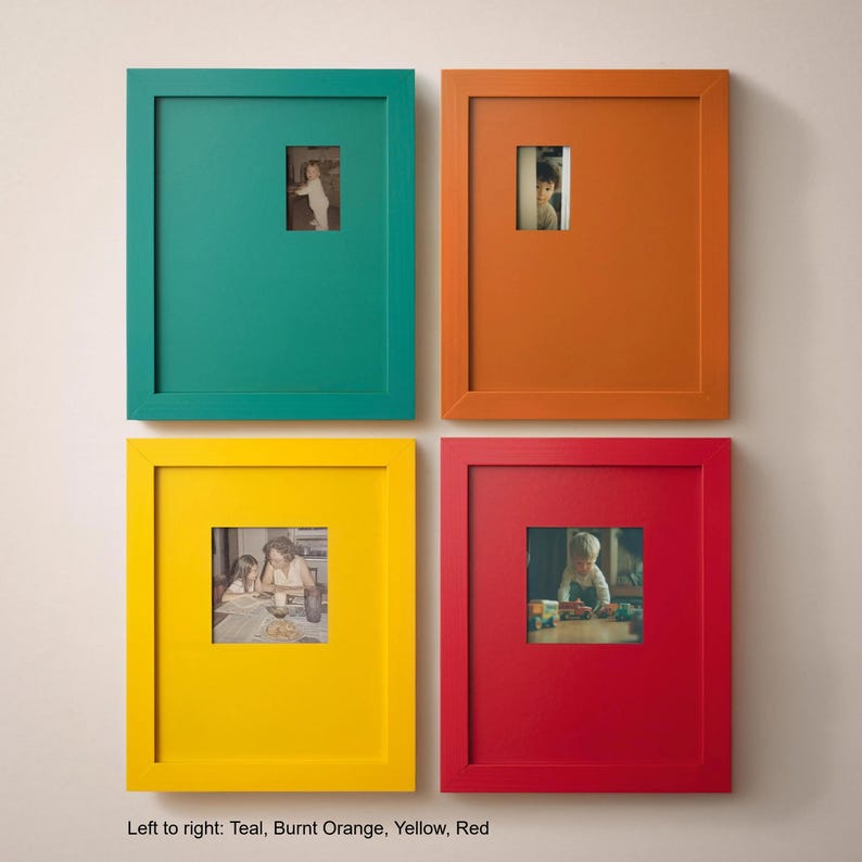 four colorful picture frames, each containing a different photograph.