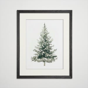 May include: A watercolor painting of a green pine tree with a white background. The tree is framed in a black frame.