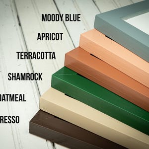 May include: A stack of picture frames in various colors, including Moody Blue, Apricot, Terracotta, Shamrock, Oatmeal, and Espresso. The frames are angled, showcasing their different hues and the text labels for each color.