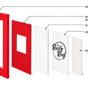 The image is a diagram showing the different components of a solid wood frame, including the wood composite mat, glass pane, and artwork.