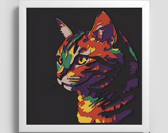 Gato colorido Pop Art Shadowbox SVG, diseño de corte de papel 3D de gato en capas, SVG de gato multicapa para Cricut y Silhouette