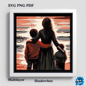 Mor med barn Shadow Box SVG, mors dag lager pappersklippfil, mamma familj silhuett 3D ljuslåda Cricut silhuett