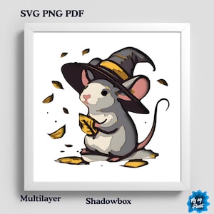 May include: A framed illustration of a gray mouse wearing a black witch hat with a gold band, holding a gold leaf. The image includes falling gold leaves and the text "SVG PNG PDF", "Multilayer", and "Shadowbox".
