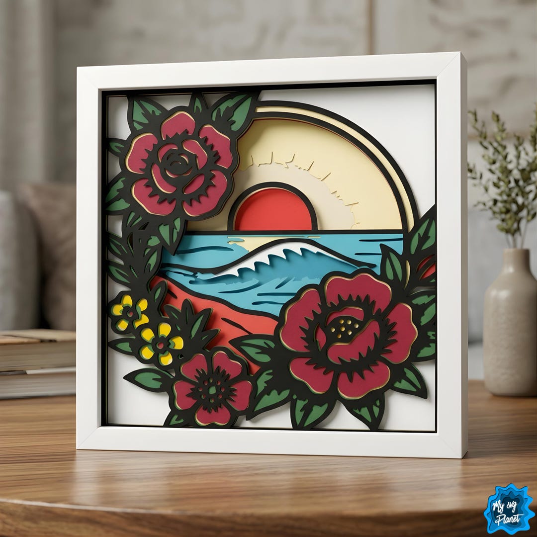 Sunset Beach Flower Shadow Box SVG, Ocean Wave Floral Layered SVG ...