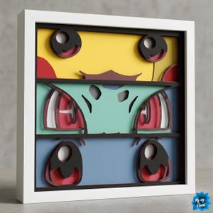 Op de afbeelding: Een ingelijst, gelaagd papieren kunstwerk met drie gezichten van stripfiguren. De bovenste laag is geel, de middelste is turquoise en de onderste is blauw. Elke laag heeft zwarte en rode accenten en de lijst is wit.