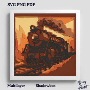 Train 3D Shadow Box SVG, Steam Locomotive Layered Paper Cut, Vintage Railway Lightbox, Sunset Train Scene For Cricut and Silhouette