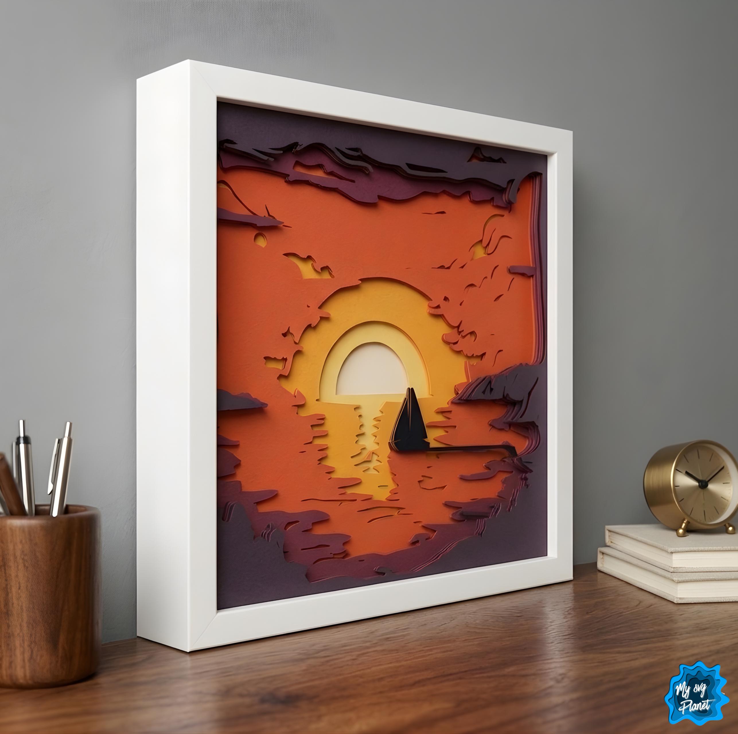 Sunset Ocean Shadow Box SVG, Layered Boat Scene Papercut, 3D Sea Sunset ...