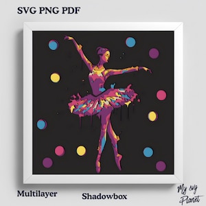 Può includere: Un'opera d'arte incorniciata con una ballerina in un tutù colorato, con le braccia graziosamente estese. L'opera è ambientata su uno sfondo nero con pois colorati. I testi "SVG PNG PDF", "Multilayer" e "Shadowbox" sono visibili.