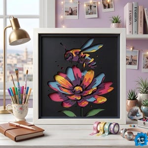 Bee and Flower 3D Shadow Box SVG, Layered Floral Paper Cut, Nature Light Box for Cricut & Silhouette, Botanical Home Decor SVG