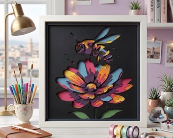 Caja de sombras 3D SVG de abeja y flor, corte de papel floral en capas, caja de luz natural para Cricut y Silhouette, decoración botánica para el hogar SVG