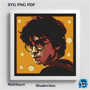 May include: A multilayer shadowbox artwork depicting a portrait of a person wearing glasses, in red, black, and tan tones, set against an orange backdrop with yellow circles. Text includes "SVG PNG PDF" and "Multilayer Shadowbox".