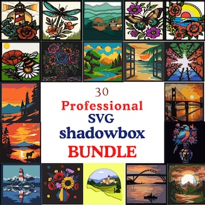 Könnte beinhalten: Eine Sammlung von 30 professionellen SVG-Shadowbox-Designs. Die Designs zeigen verschiedene Themen, darunter Naturszenen, Blumen, Tiere und architektonische Elemente, alle in einem farbenfrohen, geschichteten Stil.