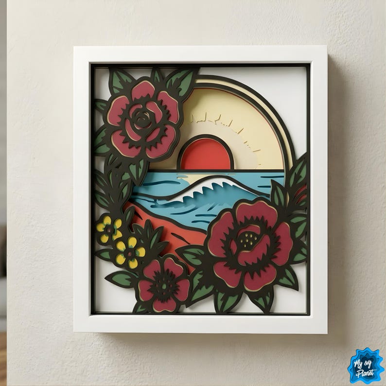 Sunset Beach Flower Shadow Box SVG, Ocean Wave Floral Layered SVG ...