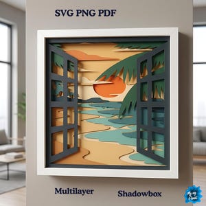 Summer Beach 3D Shadow Box SVG, Sunset Window View Layered Paper Cut File, Tropical Palm Light Box For Cricut Silhouette