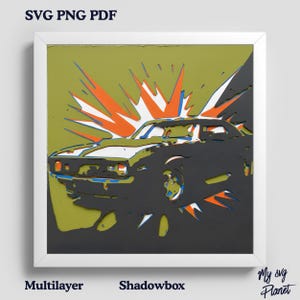May include: A framed, multi-layered shadowbox art piece featuring a classic car design. The artwork uses black, white, orange, and blue accents against a green background. Text at the top reads "SVG PNG PDF", and at the bottom, "Multilayer Shadowbox".