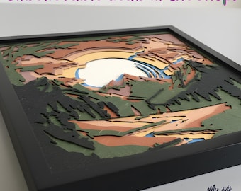 Caja de sombras de montaña al atardecer SVG, paisaje en capas recortado en papel, caja de luz 3D de naturaleza, escena de río y bosque para Cricut y Silhouette