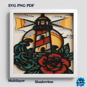 May include: A framed multilayer shadowbox art piece featuring a lighthouse with red and white stripes, a red rose, and ocean waves. The artwork includes the text "SVG PNG PDF" and "Multilayer Shadowbox". The background has a yellow sun and clouds.