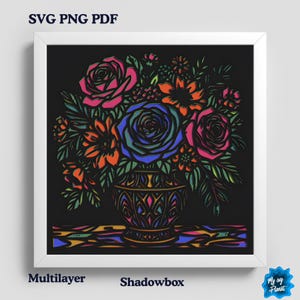 Scatola con effetto ombra a forma di vaso floreale SVG, Bouquet di fiori in vetro colorato a strati SVG, Modello per scatola luminosa multistrato in carta ritagliata, Scatola con effetto ombra floreale 3D Cricut