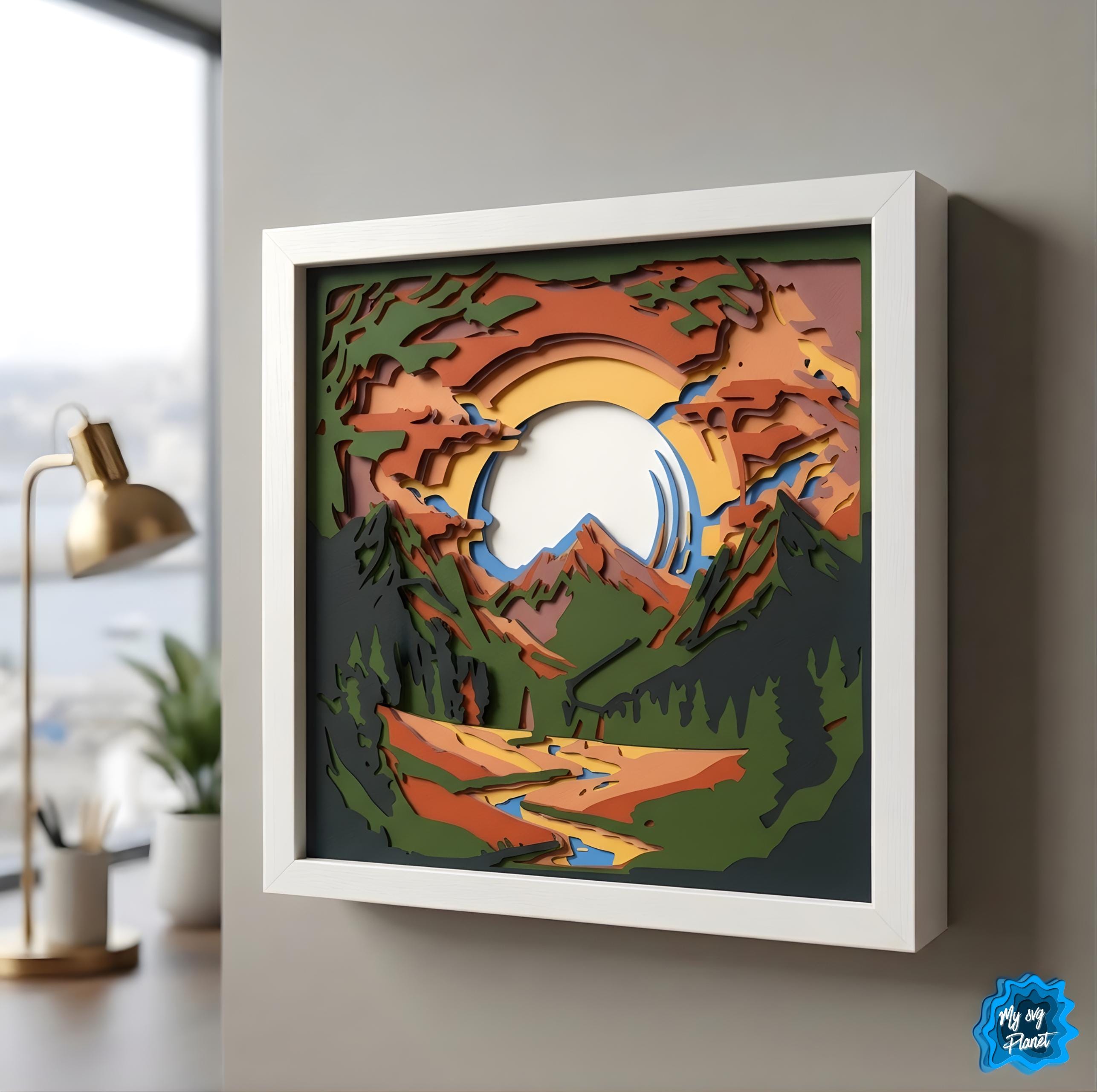 Sunset Mountain Shadow Box SVG, Layered Landscape Paper Cut, Nature 3D ...