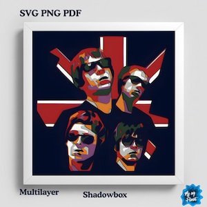 May include: A framed pop art print featuring four figures wearing sunglasses, rendered in a vibrant palette of red, orange, yellow, and blue against a dark blue background. The print includes the text "SVG PNG PDF", "Multilayer", and "Shadowbox".