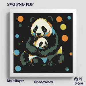 May include: A framed art print featuring a stylized illustration of two pandas. The larger panda embraces a smaller one, set against a black background with colorful polka dots. Text at the top reads "SVG PNG PDF", and at the bottom "Multilayer Shadowbox".
