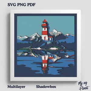 Lighthouse 3D Shadow Box SVG, Layered Paper Cut Ocean Scene, Mountain Lake Lightbox, Nautical Wall Art For Cricut and Silhouette